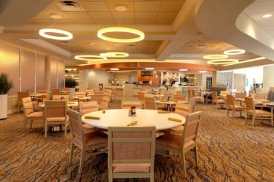 Bright dining area with circular pendant lights