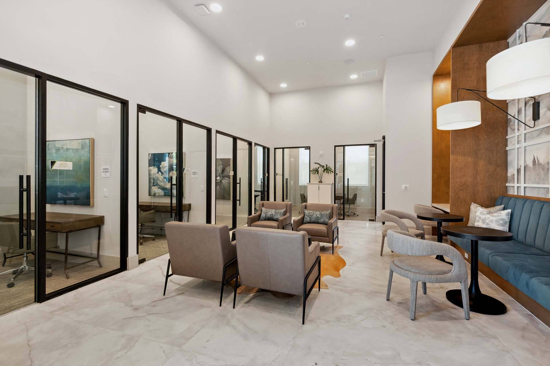 Bright common area with seating and decor