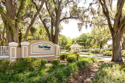 Entrance of The Village at Gainesville with greenery