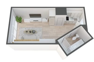 Aerial view of a modern interior living space layout