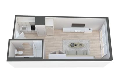 Aerial view of a modern living room layout