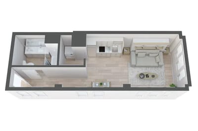 Floor plan of a resident unit with living area and kitchen