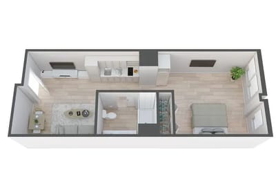 Floor plan of a one-bedroom resident unit