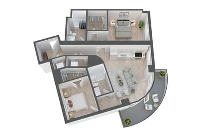 Architectural floor plan of a one-bedroom apartment