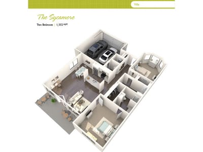 Architectural floor plan of a two-bedroom villa