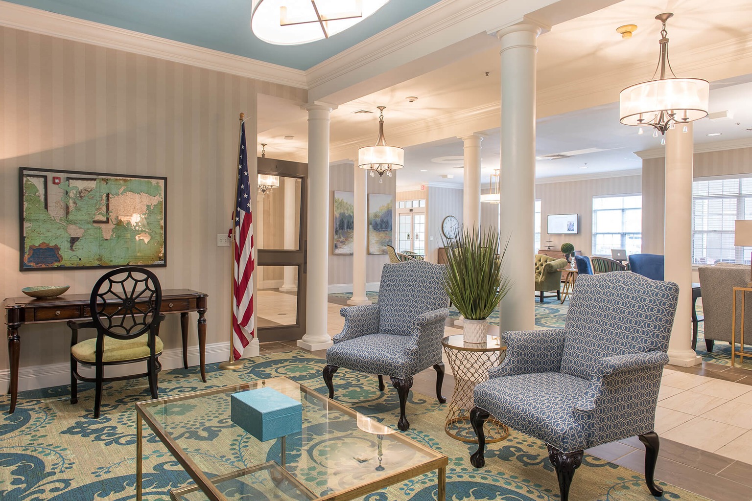 Bright common area with seating and decor