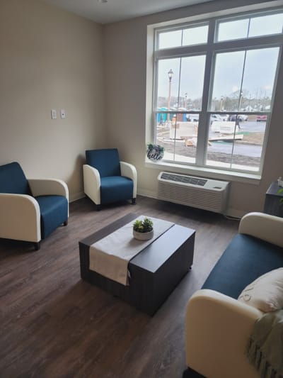 Bright interior common area with seating