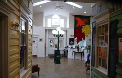 Bright interior lobby with colorful decorations