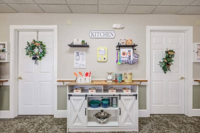 Interior kitchen area with decorative signage