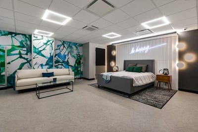 Modern bedroom with stylish decor.