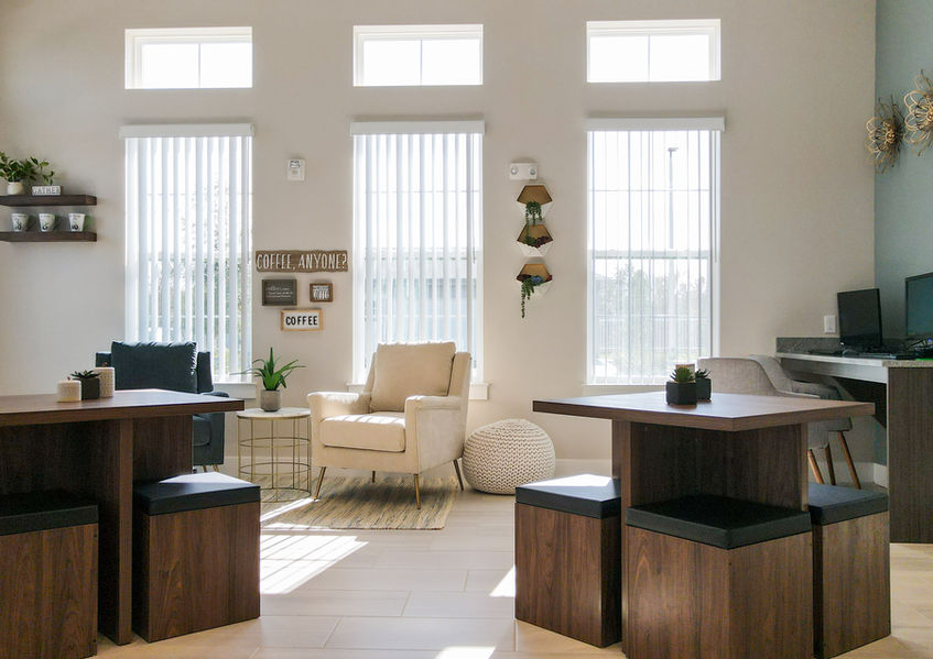 Bright interior common area with seating