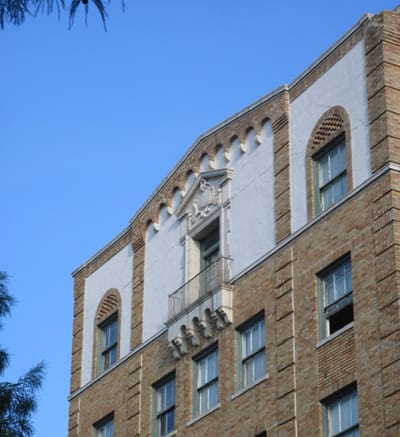 Close-up of the Evangeline Elderly Apartments building exterior