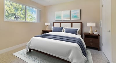 Brightly decorated bedroom in a senior apartment