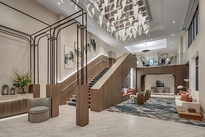 Lobby of a senior living facility with modern decor