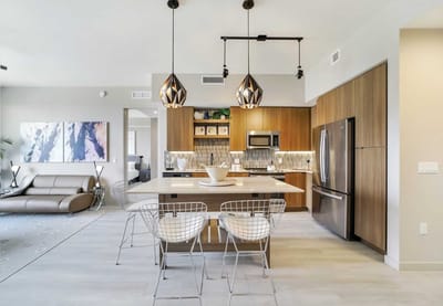 Modern interior kitchen space with dining area