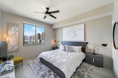 Stylish bedroom in a modern assisted living apartment