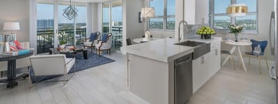 Modern interior of a senior living apartment with views