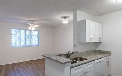 Bright interior view of a kitchenette and living area