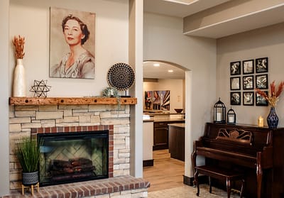 Cozy common area with fireplace and decor