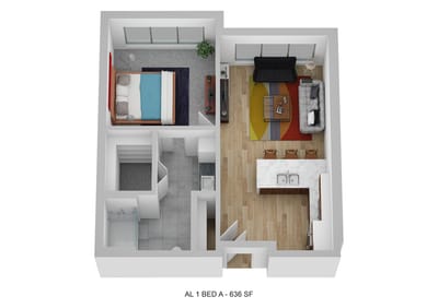 Architectural floor plan of a one-bedroom unit