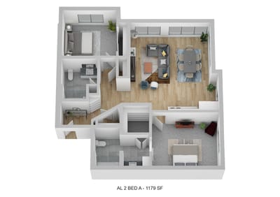 Architectural floor plan of a two-bedroom unit