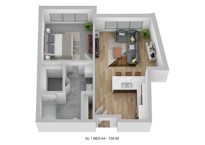 Floor plan of a one-bedroom assisted living unit