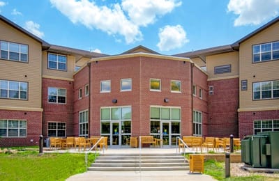 Exterior view of Fort Des Moines Senior Housing entrance