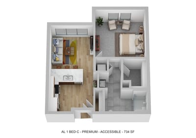 Architectural floor plan of a one-bedroom apartment