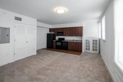 Interior view of a small kitchen and living area