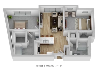 Architectural floor plan of a two-bedroom unit