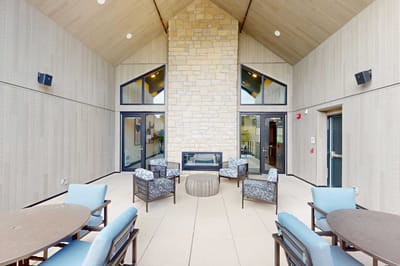 Interior view of a common area with seating.