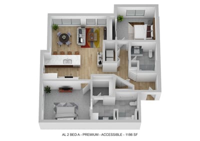 Architectural floor plan of an accessible two-bedroom unit
