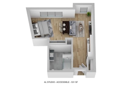 Architectural floor plan of a studio apartment