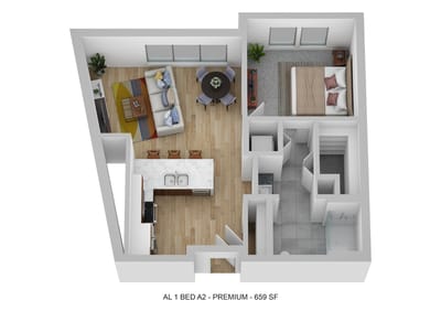 1-bedroom apartment layout in assisted living facility