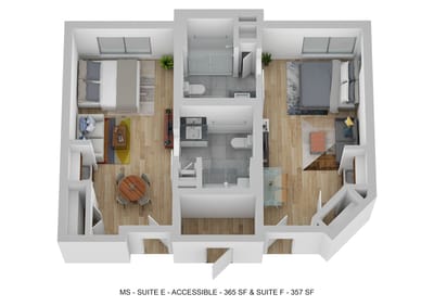 Floor plan of an accessible suite with labeled rooms