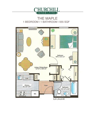 Architectural floor plan for one-bedroom unit