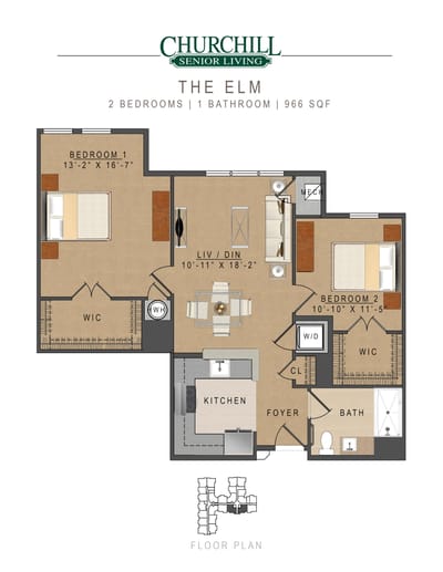Architectural floor plan with two bedrooms and a bath