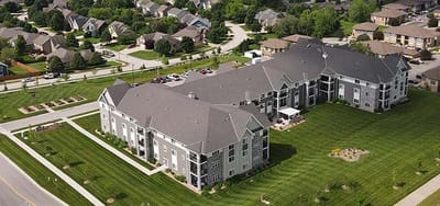Aerial view of Branchwood Village with landscaped grounds