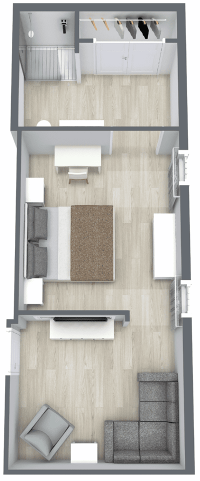 Aerial view of a private resident room layout