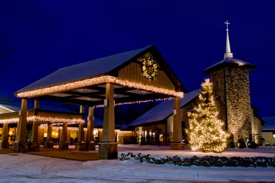 Exterior view of a festive assisted living facility