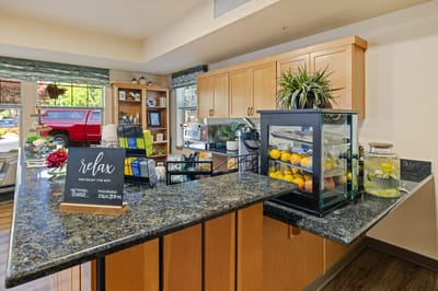 A well-decorated coffee area with refreshments