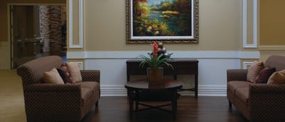 Cozy common area with seating and artwork