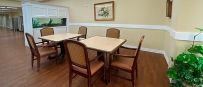 Spacious dining area with tables and chairs