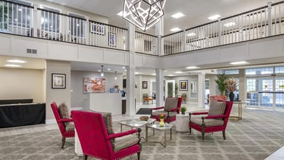 A well-decorated common area with seating