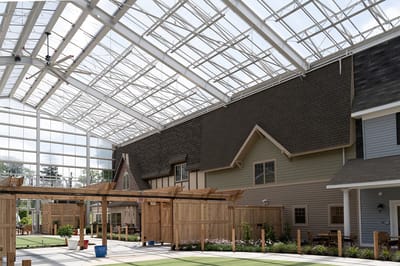 Indoor courtyard area with large skylights
