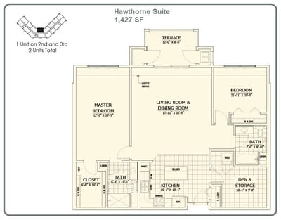 Architectural floor plan of a Hawthorne Suite
