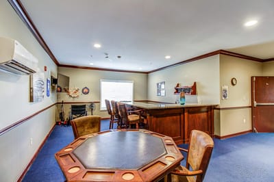 Interior view of a common area with seating and bar