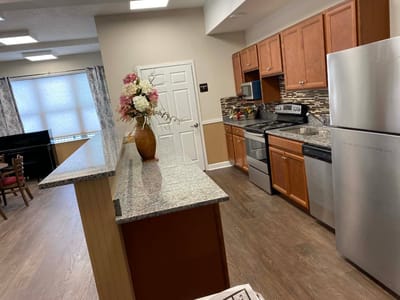 Interior view of a kitchen area in a senior living facility