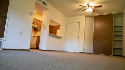 Empty living room in a senior living unit