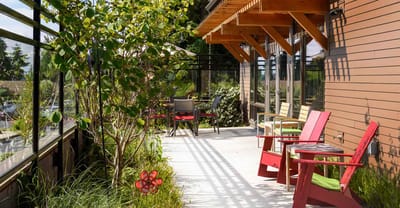 Outdoor seating area with colorful chairs and plants